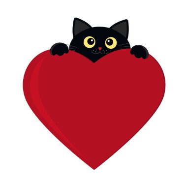 Black kitten peeking out from behind an abstract heart, color isolated vector children's illustration in flat style, decor, icon, sticker, decoration vector Black kitten peeking out from behind an abstract heart, color isolated vector children's illustration in flat style, decor, icon, sticker, decoration vector