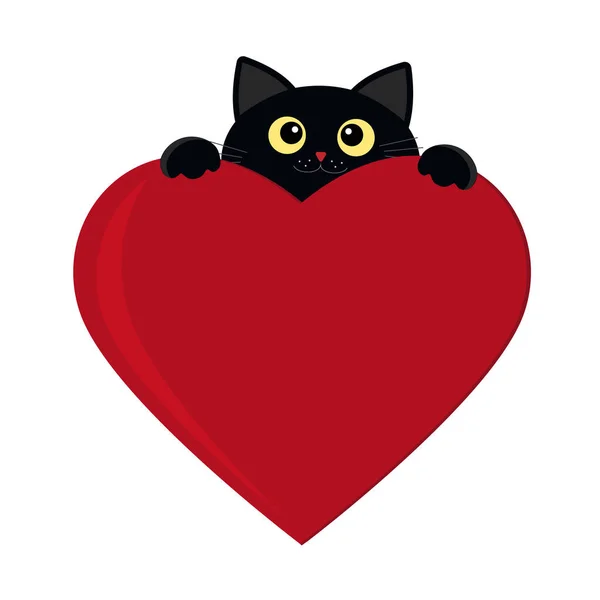 抽象的な心の後ろから見える黒い子猫 フラットスタイル アイコン ステッカー 装飾でカラー隔離されたベクトルの子供のイラスト — ストックベクタ