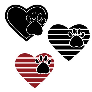 Köpeğin ayak izine sahip soyut kalp, beyaz arkaplan, simge, logo, tasarım, dekorasyon üzerinde izole edilmiş renkli vektör çizimi