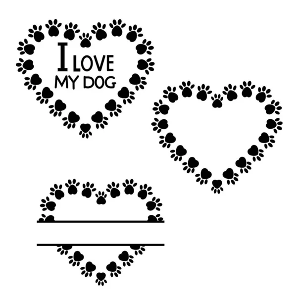 Set Heart Shape Dog Trail Frame Black Stencil Vector Isolated — Stock Vector