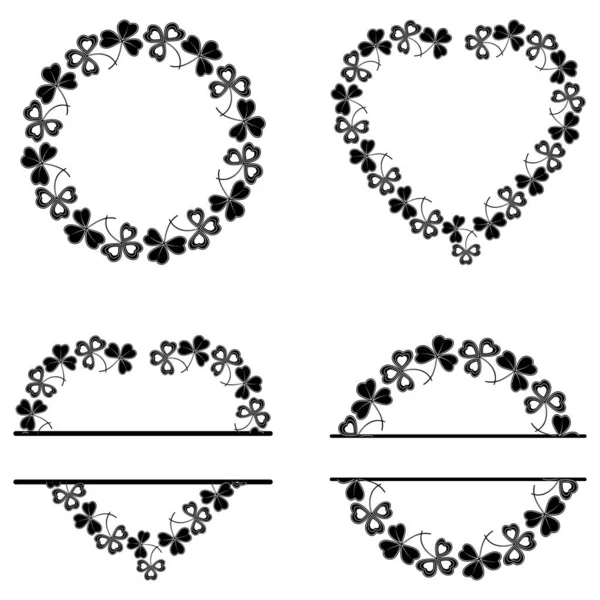 Botanik çiçek çerçeveleri ve Patrick Günü şablonu için şenlikli monogram yonca çemberi ve kalp şekli, beyaz arka planda düz stil, rozet, logo, tasarım, dekorasyon, çıkartma, baskı,