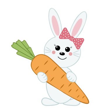 Havuç tutan tavşan kız, Kutsal Paskalya bayramı için izole edilmiş vektör illüstrasyon, dekor, dekorasyon, parmak izi