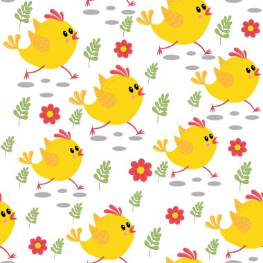 Çiçek ve kelebek desenli koşan tavuklar, beyaz arka planda renk vektörü çizimi, tekstil baskısı