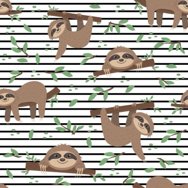 Yeşil zemin üzerinde tropik yaprakların arka planında tembellik deseni