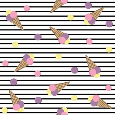 Beyaz çizgili arka plan vektör illüstrasyon tekstil baskı duvar kağıdı üzerindeki dondurma deseni