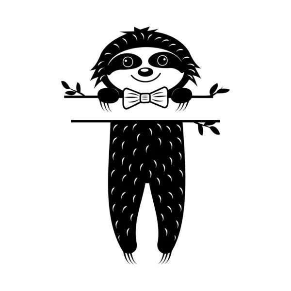 Cute Character Sloth Boy Text Separator Black Stencil Monogram Isolated — Stock Vector