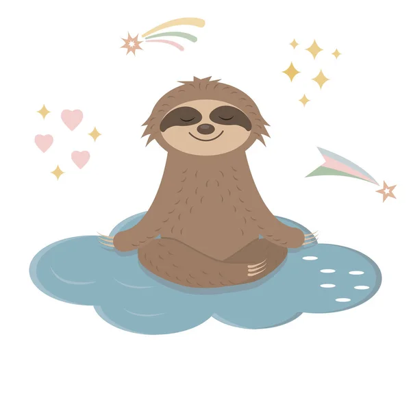 Tatlı tembel hayvan karakteri bulutta oturup meditasyon yapıyor. Gözleri kapalı. Rengi kapalı.