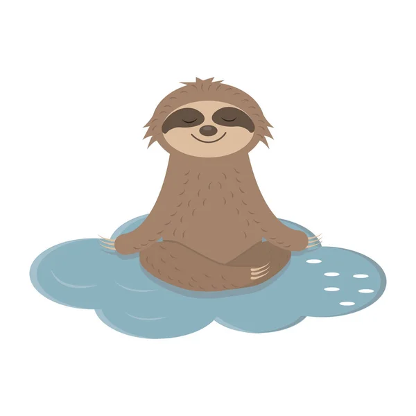 Cute Sloth Character Sitting Meditating Cloud Eyes Closed Color Isolated — Stock Vector