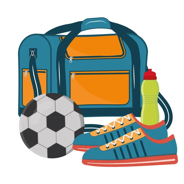 Összetétel Sport táska labdarúgó elemek, színes elszigetelt vektor illusztráció — Stock Vector