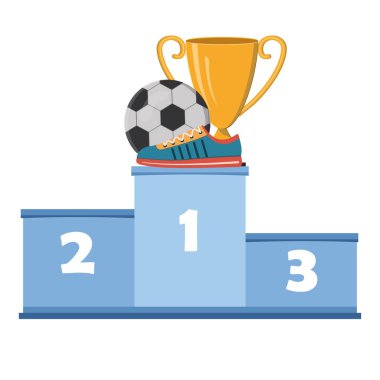 Futbol topunun arka planında spor ayakkabıları ve ödül kürsüsünde altın bir kupa.