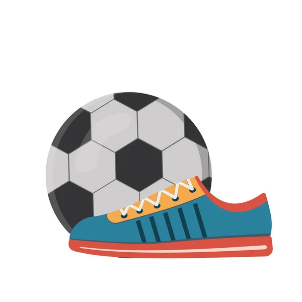 サッカーボールの背景にスポーツシューズスニーカー、フラットのスタイルでカラーベクトルイラスト — ストックベクタ