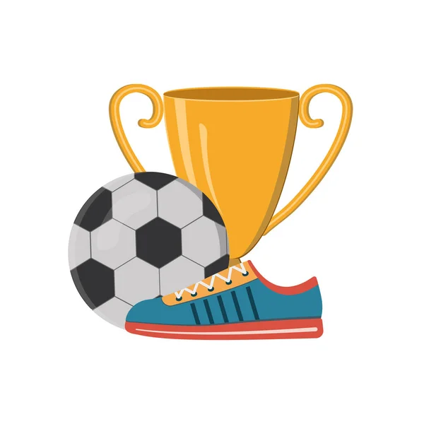 Zapatillas deportivas en el fondo de una pelota de fútbol y una copa de oro, premios por ganar competiciones — Archivo Imágenes Vectoriales