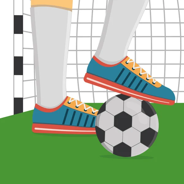 Un jugador de fútbol en zapatos deportivos y una pelota de fútbol en el fondo de un gol de fútbol. — Vector de stock