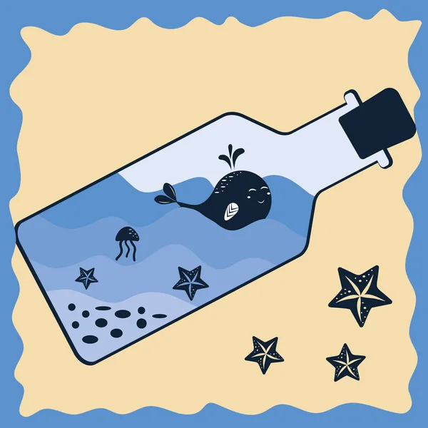 Malá velryba v láhvi s vlnami mušlí a medúz, barevný vektor ilustrace ve stylu papercut — Stockový vektor