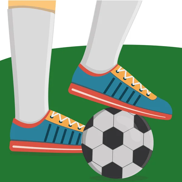 Fotbalista ve sportovní obuvi a fotbalový míč na pozadí zeleného hřiště. — Stockový vektor