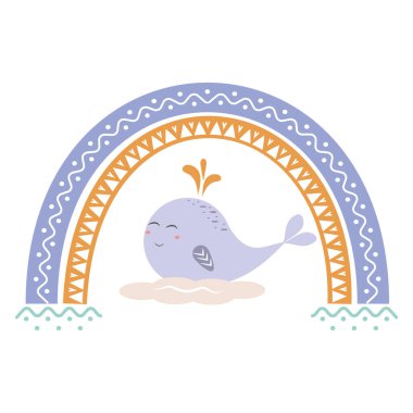 Kompozisyon soyut bir gökkuşağı, bir deseni ve bir bulut üzerinde küçük bir balina Boho tarzı