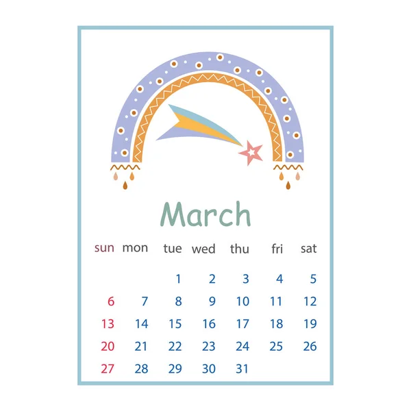 Calendar for March 2022, color vector illustration in boho style pastel colors — Stock Vector