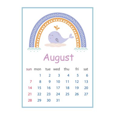 Ağustos 2022 için takvim, boho tarzı pastel renklerde renk vektör illüstrasyonu