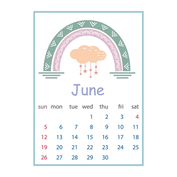 Kalender för juni 2022, färg vektor illustration i boho stil pastell färger — Stock vektor
