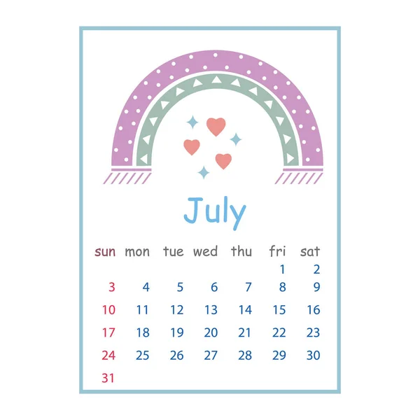 Calendrier pour juillet 2022, illustration vectorielle en couleurs pastel de style boho — Image vectorielle