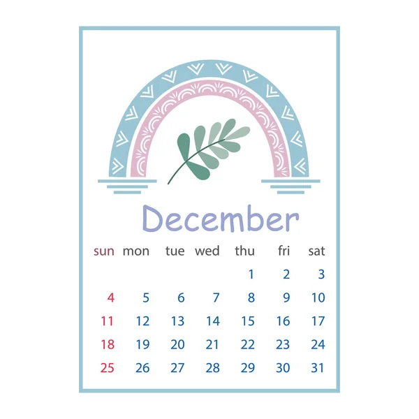 Calendário para dezembro de 2022, ilustração vetorial de cores em estilo boho cores pastel — Vetor de Stock
