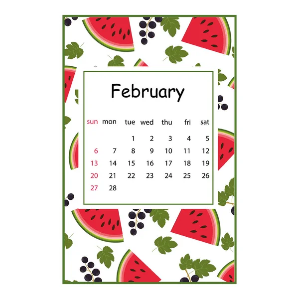 Calendário Frutas Para 2022 Com Padrão Frutas Para Mês Fevereiro —  Vetores de Stock