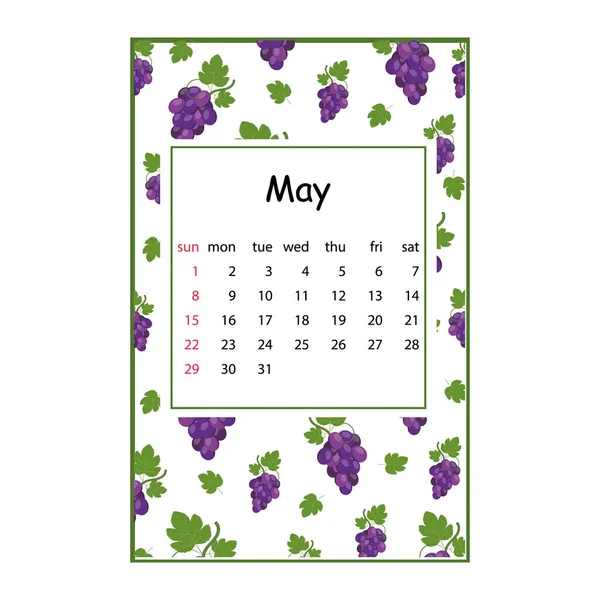 Calendário de frutas para 2022 com um padrão de frutas para o mês de maio, ilustração de verão vetorial de cores — Vetor de Stock