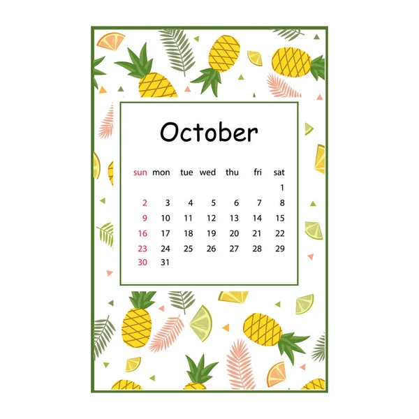 Calendario Frutas Para 2022 Con Patrón Frutas Para Mes Octubre — Vector de stock