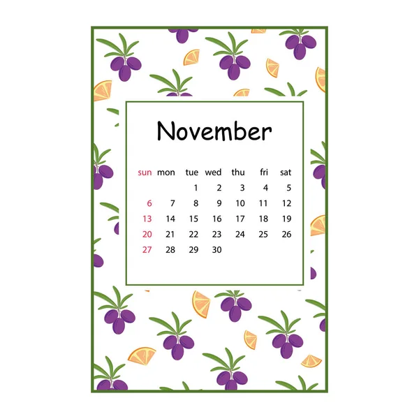 Fruktkalender För 2022 Med Ett Fruktmönster För November Månad Färg — Stock vektor