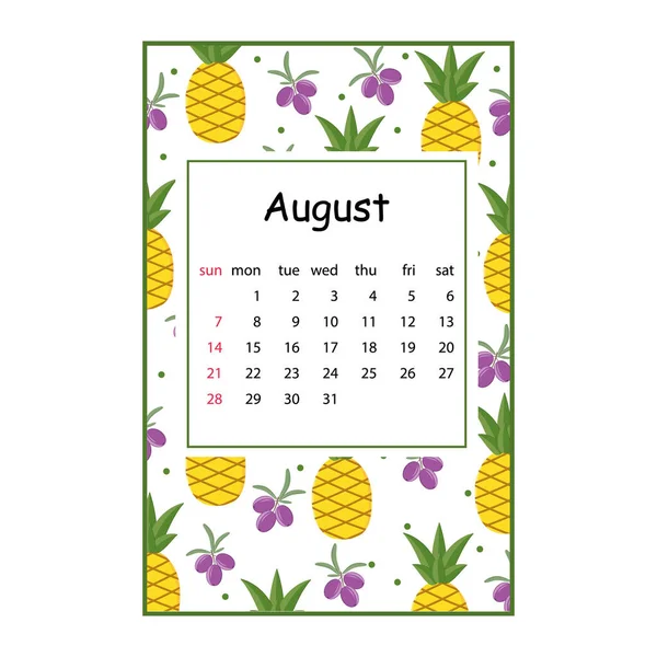 Calendário Frutas Para 2022 Com Padrão Frutas Para Mês Agosto —  Vetores de Stock