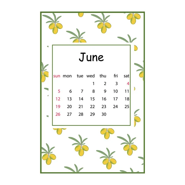 Calendário Frutas Para 2022 Com Padrão Frutas Para Mês Junho —  Vetores de Stock