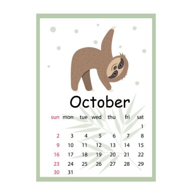 2022 sevimli Sloth karakterleri için takvim, çizgi film tarzında renk vektör çizimi.
