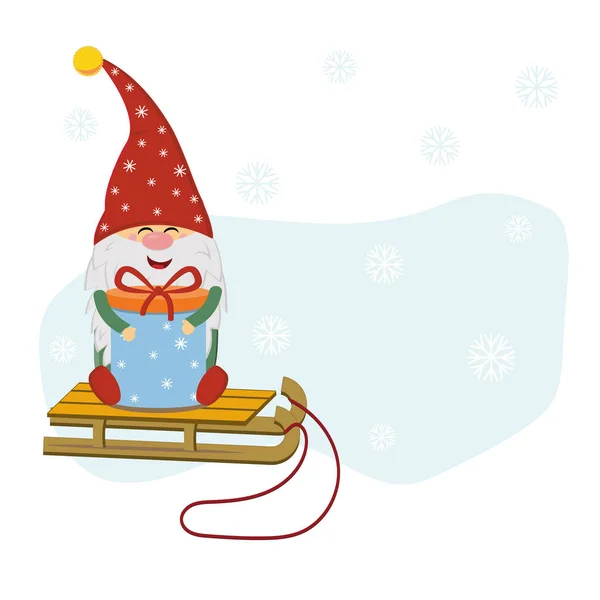 Gnome Drôle Avec Cadeau Sur Traîneau Pour Noël Illustration Vectorielle — Image vectorielle