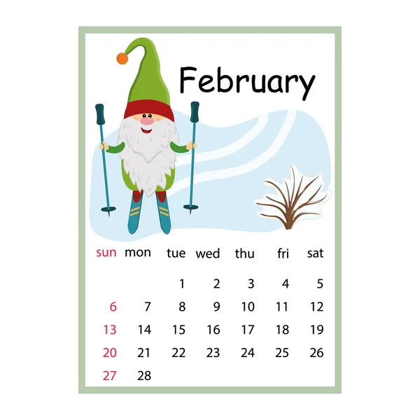 Designer Calendar 2022 February Cute Character Gnome Skiing Cartoon Style — Vetor de Stock