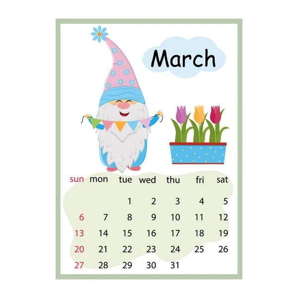 Designer Calendar Year 2022 March Cute Dwarf Character Background Tulips — Vetor de Stock