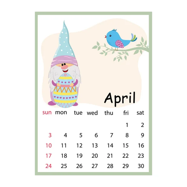 Designer Calendar Year 2022 March Cute Character Easter Gnome Holding — Stock vektor