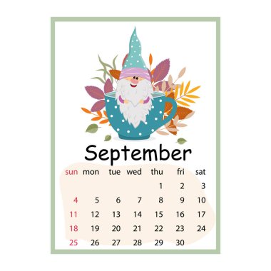 Sonbahar yapraklarının arka planında 2022 sevimli cüce takvimi, Eylül karikatür tarzı .