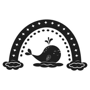 Süslü gökkuşağı ve balina, siyah şablon, vektör çizimi.