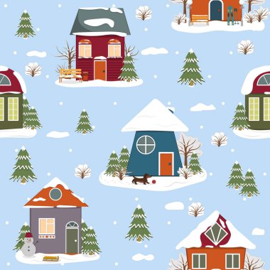Kışlık Noel evleri, renk vektörü çizimleri.