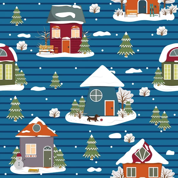 Modèle de maison de Noël d'hiver, illustration vectorielle de couleur sur fond rayé — Image vectorielle