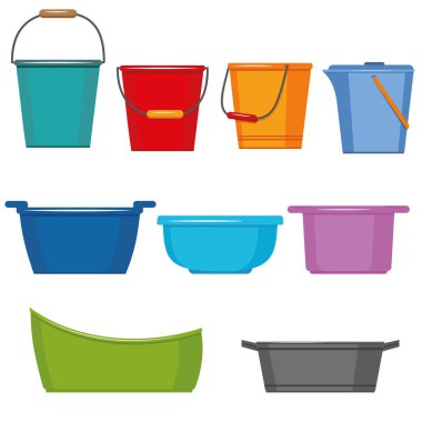 Plastikten yapılmış yıkama ve temizleme için yalıtılmış kaplar, kova banyosu, düz stil vektör.