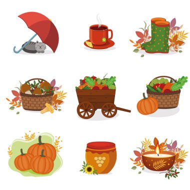 Sonbahar teması üzerine bir dizi kompozisyon, bir çizgi film tarzında bir renk vektör illüstrasyonu