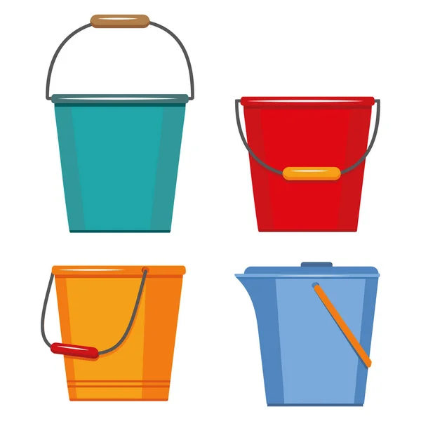 Set van geïsoleerde containers voor het wassen en reinigen van kunststof, emmerbad, vector in vlakke stijl — Stockvector