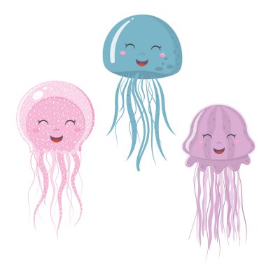 Tatlı izole denizanası karakterleri, çizgi film emoji tarzında renk vektör çizimi.