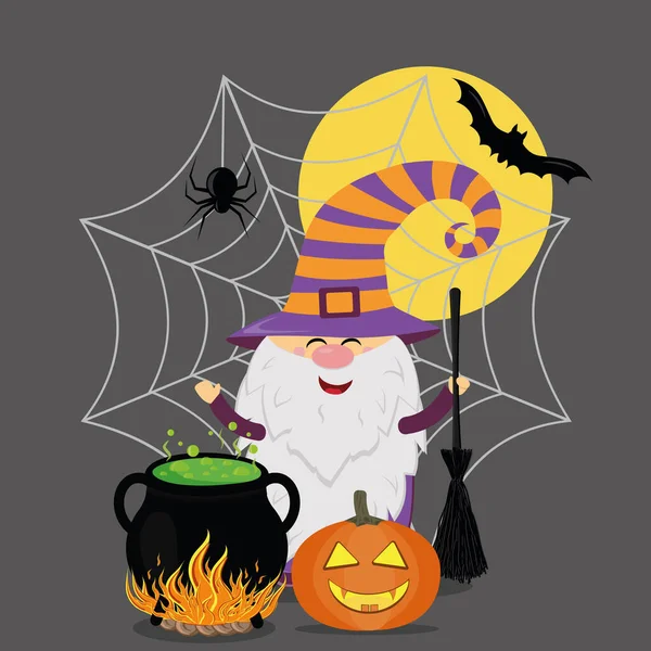 Cadılar Bayramı kostümlü bir cüce, balkabağı, süpürge ve örümcek ağının arka planında bir saksı iksir ve bir örümcek ağıyla.