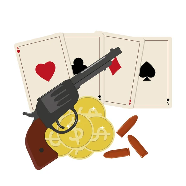 Composición Jugando Las Cartas Dinero Revólver Ilustración Vectorial Aislada Color — Archivo Imágenes Vectoriales