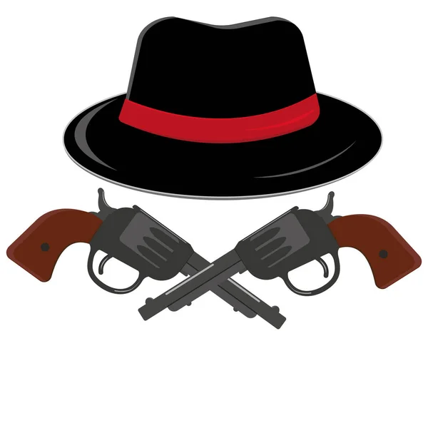 带左轮手枪的黑色帽子 白色背景上的彩色独立矢量插图 — 图库矢量图片
