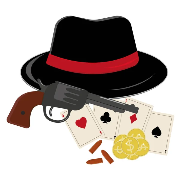 Zusammensetzung Schwarzer Hut Revolver Spielkarten Und Geld Farbig Isolierte Vektorillustration — Stockvektor