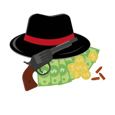 Siyah şapka, tabanca ve para kompozisyonu, beyaz arka planda izole edilmiş renkli vektör çizimi.