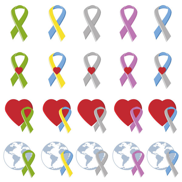 Symbolic ribbons of different colors reminder of serious diseases, color vector illustration in the cartoon style.